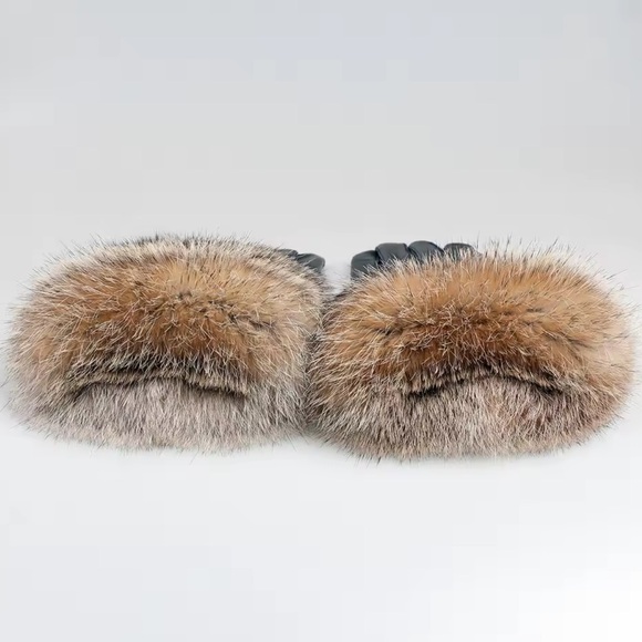 New Sheepskin Black Leather Gloves with Real Rabbit Fur Trim - Picture 4 of 5